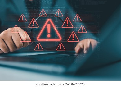 Cyberattack and security alerts concept, network failure dangerous, Caution of spam in website digital technology. Man using magnifying glass focus to error 404 alerts on virtual screen.