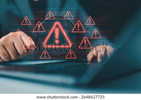 Cyberattack and security alerts concept, network failure dangerous, Caution of spam in website digital technology. Man using magnifying glass focus to error 404 alerts on virtual screen.