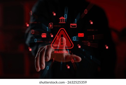 Cyberattack warning concept featuring a hand reaching toward digital red alert icons, symbolizing system hacks, data breaches, financial threats, and identity theft in a high-risk tech space.