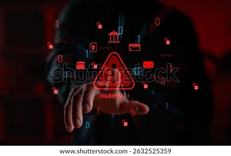 Cyberattack warning concept featuring a hand reaching toward digital red alert icons, symbolizing system hacks, data breaches, financial threats, and identity theft in a high-risk tech space.