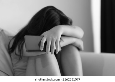 Cyberbullying Low Self Esteem.kid Preteen, Teenager Girl Feeling Sad And Crying With Bad Comments And Hate Speech On Her Social Media.Mental Health.Bully, Tween Anxiety Health, Social Media Harassment