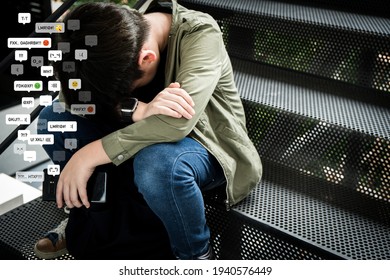 Cyberbullying - social media harassment concept. An asian preteen, teenager boy sitting alone hold a smartphone feeling frustrated after reading bad comments. Text emoticons, Teen mental health. - Shutterstock ID 1940576449