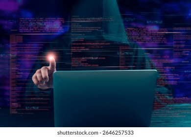 Cybercrime concept.Hacker in hoodie interacts with glowing digital interface, data breach, cyber attack, and the dark side of technology Programmer and information security.