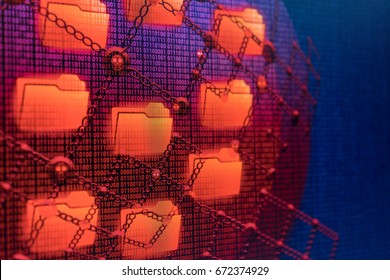 Cybercrime and cyber security from malware Ransomware called Wannacry or Petya virus by hacker of lock folder, encrypted files and need payment with  binary code digits displayed in blue background