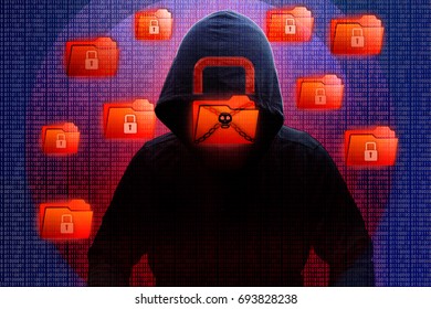 Cybercrime And Cyber Security From Malware Ransomware Called Wannacry Or Petya Virus By Hacker Concept Of Lock Folder, Encrypted Files And Need Payment Displayed In Binary Code Digits Background