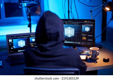 cybercrime, hacking and technology concept - programmer or hacker working with 3d graphics on computer in dark room