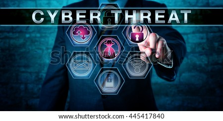 Cybercrime investigator pushing CYBER THREAT on an interactive touch screen monitor. Business risk metaphor. Information technology and computer security concept for potential attacks in cyberspace.