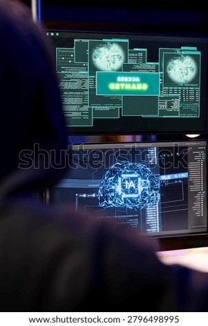 Cybercriminal coding on PC getting access granted message, evading security with stealth malware while evil man successfully making script hiding malicious code from detection systems.