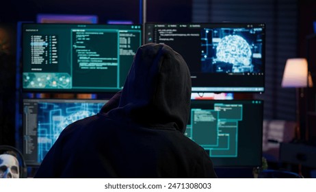 Cybercriminal using AI machine learning to develop zero day exploit undetectable by antivirus software. Hacker using artificial intelligence technology to build script tricking firewalls, camera B