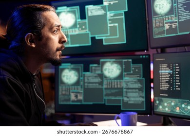 Cybercriminal using malicious script to compromise devices and digital networks, gaining passwords. Black hat hacker stealing, exploiting and illegally selling data online