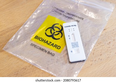 Cyberjaya, Malaysia - November 21, 2021: The Latest Covid 19 Spit Test Or Quick Test. Public Places Are Only Allowed If The Visitor Do A Corona Self Test. After Use The Bag Is Classified  Biohazard