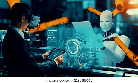 Cybernated industry robot and human worker working together in future factory . Concept of artificial intelligence for industrial revolution and automation manufacturing process . - Shutterstock ID 2193386161