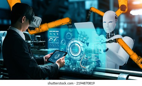 Cybernated industry robot and human worker working together in future factory . Concept of artificial intelligence for industrial revolution and automation manufacturing process . - Shutterstock ID 2194870819