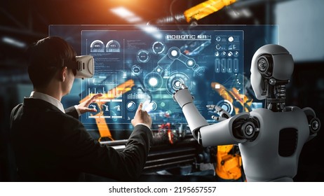 Cybernated industry robot and human worker working together in future factory . Concept of artificial intelligence for industrial revolution and automation manufacturing process . - Shutterstock ID 2195657557