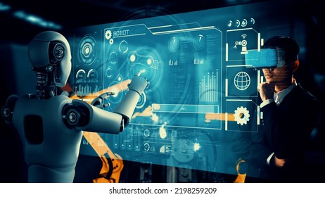 Cybernated industry robot and human worker working together in future factory . Concept of artificial intelligence for industrial revolution and automation manufacturing process . - Shutterstock ID 2198259209