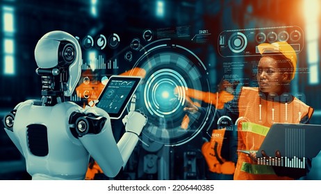 Cybernated industry robot and human worker working together in future factory . Concept of artificial intelligence for industrial revolution and automation manufacturing process . - Shutterstock ID 2206440385