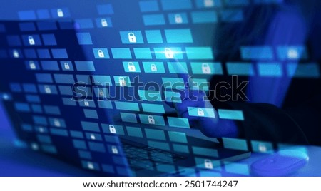 Cybernetic attack security, banking and Personal data. Protecting herself from cyber attacks. Cyber security firewall interface protection concept.	
