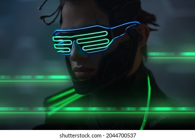 Cyberpunk Concept. Close-up Portrait Of A Cyberpunk Warrior Wearing A Mask And Glasses In Green Neon Night Light. World Of The Future. Game, Virtual Reality.