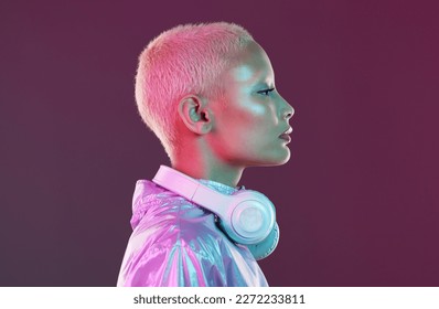 Cyberpunk headphones, black woman and fashion in studio, holographic beauty and vaporwave clothes. Futuristic model, young gen z and listening to music with neon aesthetic, audio technology and face - Shutterstock ID 2272233811