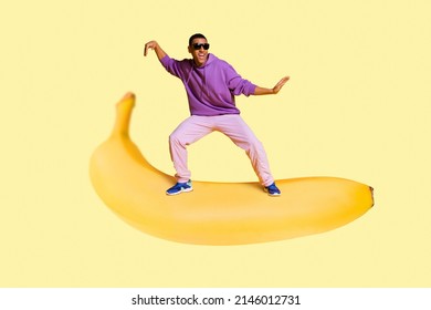 Cyberpunk mockup banner of youngster guy fly dance big summer food snack isolated on pastel yellow color background - Shutterstock ID 2146012731