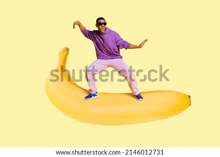 Cyberpunk mockup banner of youngster guy fly dance big summer food snack isolated on pastel yellow color background