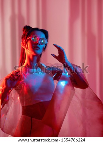 Cyberpunk and neon, a young trend girl in a transparent latex Cape. Futuristic neon style, bright red backlight.