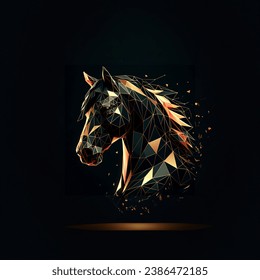 Cyberpunk photo of low poly black horse art from head to chest with gold foil geometric pattern