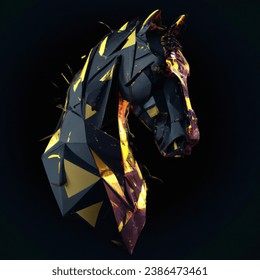 Cyberpunk photo of low poly black horse art from head to chest with 10 percent gold foil geometric pattern