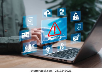Cybersecurity, 2Fa, Personal Data Protection Scam Alert Warning concept, A man received a warning message with scam alert,  Online fraud, identity theft, Steal money and personal information