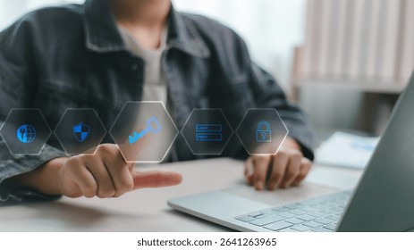 Cybersecurity access control with user selecting digital security icons including key, password, and lock. Concept of secure login, digital protection, identity, and system access.