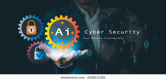 Cybersecurity with Agentic AI technology concept. Post Quantum Cryptography, data protection and secure login, futuristic interface for online safety, encryption, scam alert, artificial intelligence