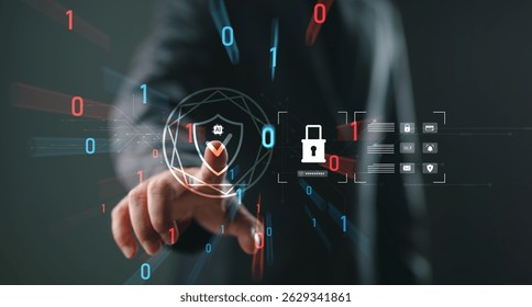 Cybersecurity and AI protection concept with businessman touching digital lock icon. Binary code and shield graphics represent data privacy, secure access, and smart network defense.