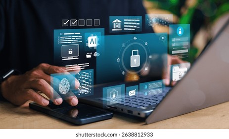 Cybersecurity and AI-driven login system with fingerprint authentication, data encryption, and secure access interface. Ideal for tech, finance, and identity protection themes.