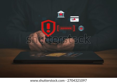 Cybersecurity alert concept, man using a smartphone with warning icon related to banking, password, and online transaction, illustrating financial risk, data breach threat, digital fraud prevention.