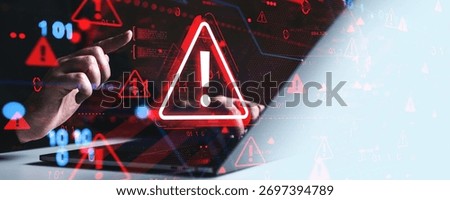 Cybersecurity alert concept with red warning symbols and hacker hand on digital interface, futuristic style, on light tech background, symbolizing system risk