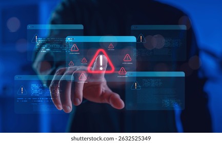 Cybersecurity alert concept showing a hand interacting with virtual warning windows, illustrating system errors, hacking risks, and digital data protection in a secure environment.