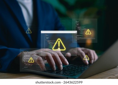 Cybersecurity alert concept showing a programmer detecting system errors and coding issues. Ideal for illustrating cyber threats, data security, software debugging processes.