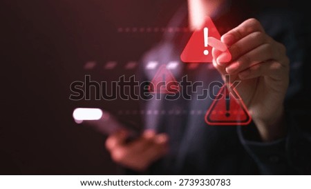 Cybersecurity alert concept with warning and firewall icons. Represents network protection, cyber threat detection, data breach prevention, system defense, and modern digital security technology.