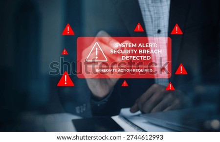 Cybersecurity alert displaying system security breach detected with immediate action required message
