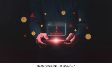 Cybersecurity alert for operating system failure with intrusion detection, computer network threats, virus attacks, and cybercrime risks