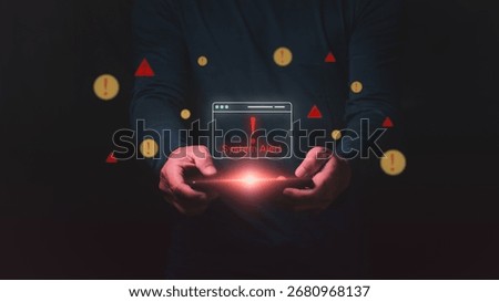 Cybersecurity alert for operating system failure with intrusion detection, computer network threats, virus attacks, and cybercrime risks