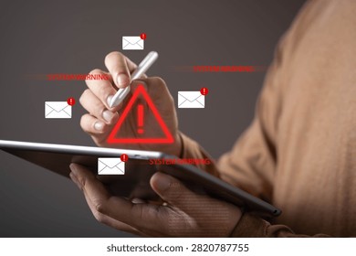 Cybersecurity alert, phishing attack concept featuring system warning notifications, suspicious emails, and a digital threat symbol, representing cyber risk, network monitoring, information security.