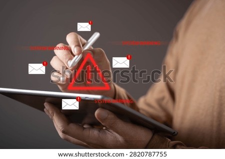 Cybersecurity alert, phishing attack concept featuring system warning notifications, suspicious emails, and a digital threat symbol, representing cyber risk, network monitoring, information security.