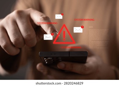 Cybersecurity alert and system warning concept with a user receiving suspicious email notifications on a smartphone. Phishing attack, data breach, online security, cyber threat and risk management.