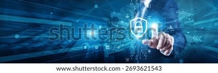 Cybersecurity Analyst touch with global on structure Cybersecurity framework, defending systems, firewalls, encryption, threats, authentication, breaches, and protection.