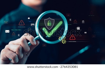 Cybersecurity analyst verifies data protection system using magnifying glass, ensuring network security, risk management, threat detection, privacy compliance, and secure digital infrastructure.