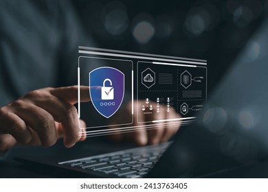 Cybersecurity awareness and data protection. Businessman points to padlock security icons for safe information clouding backup. Protection from hackers, crime, identification, and authentication.