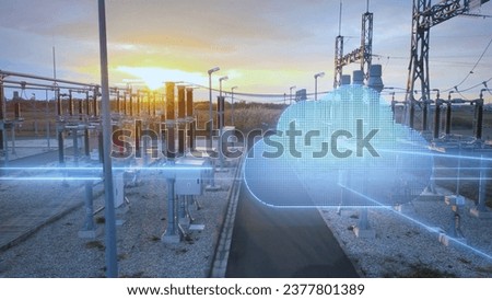 Cybersecurity big data center cloud computing and artificial intelligence futuristic surveillance. Energy power station at sunset