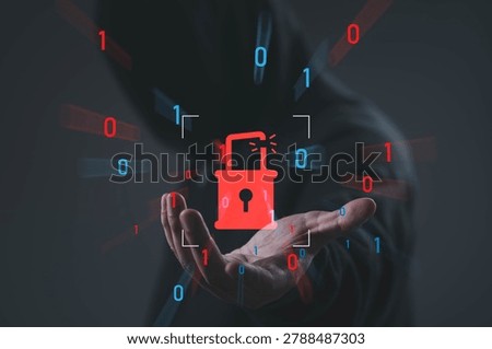 Cybersecurity breach concept with broken padlock and binary code over hooded hacker background, symbolizing data breach, encryption failure, cyber attack, and digital security vulnerability risk.