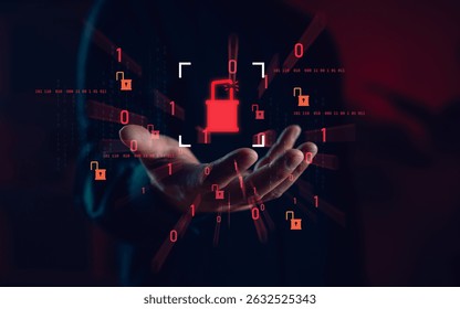 Cybersecurity breach concept with a hand holding an unlocked padlock symbol, surrounded by binary code, representing data leakage, system vulnerability, and digital access threats.